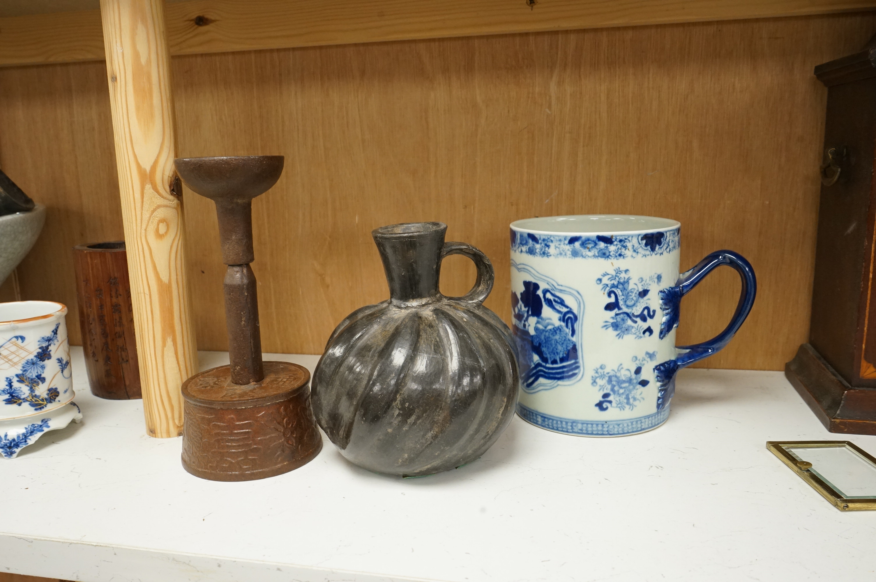Oriental items to include a crackleglaze bowl on stand and a bamboo brush pot, together with two other vessels, largest 27cm in diameter